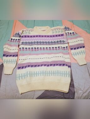 Cream Crewneck Sweater with Pastel Pink, Purple & Light Blue Stripes